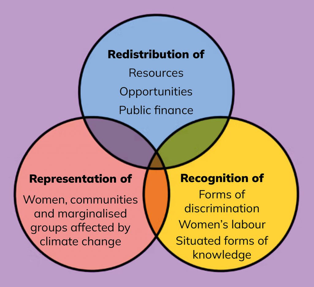 A Venn diagram with three overlapping green circles labeled Redistribution, Recognition, and Representation, each listing aspects related to gender, inequality, and climate change.