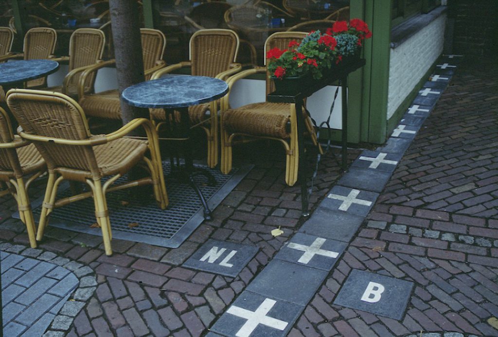 Café in Baarle-Nassau (Netherlands), on the border with Belgium. The border is marked on the ground (N119/N260).