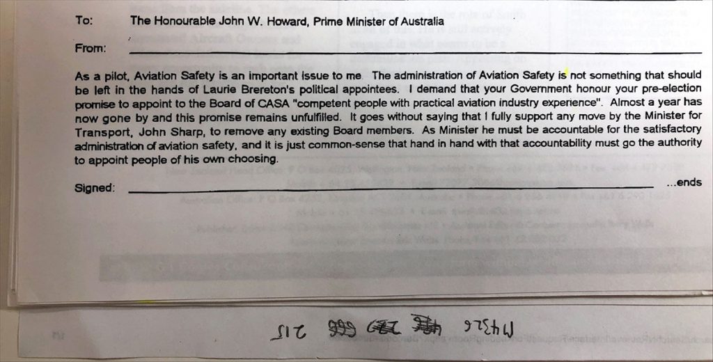 Example of a pro-forma letter to Prime Minister John Howard