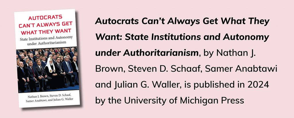 Autocrats Can't Always Get What They Want
State Institutions and Autonomy under Authoritarianism
By Nathan J Brown, Steven D Schaaf, Samer Anabtawi, and Julian G Waller