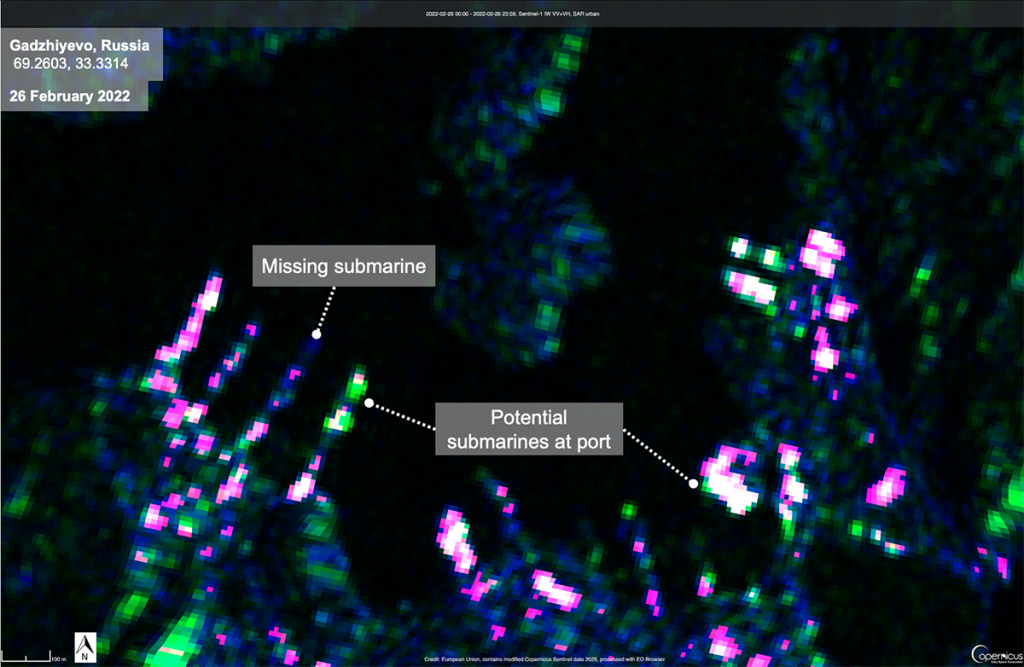 Satellite image of Gadzhievo, Russia, on Feb 26, 2022. Shows "Missing submarine" area and "Potential submarines at port" in a harbour. SAR data visualisation.