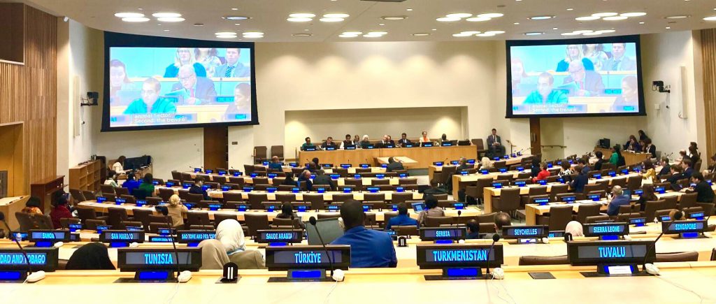 People sat in a meeting at rows of wooden desks facing an unknown panel of people at the front. Each desk has the name of a country. There are large screens showing the speaker at either side of the panel.