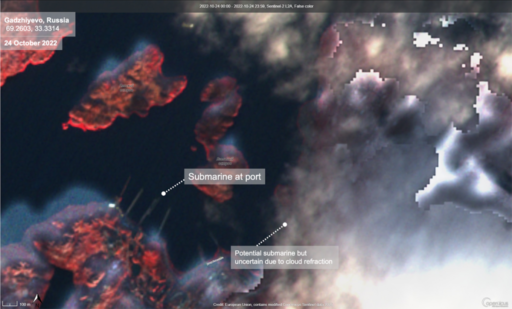 Sentinel-2 image of submarines at port, Gadzhiyevo, Russia, 24 October 2022