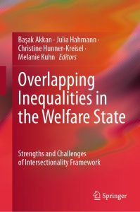 Red book cover with text in white that reads: Book cover titled Overlapping Inequalities in the Welfare State. Editors: Akkan, Hahmann, Hunner-Kreisel, Kuhn. Subtitle: Strengths and Challenges of Intersectionality Framework. 