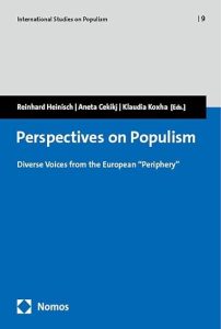 Blue book cover with title and author names in white> Perspectives on populism: Diverse Voices from the European 'periphery. Aneta Cekikj, Reinhard Heinisch, Klaudia Koxha
