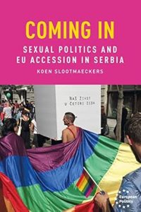 Book cover with title and image of person wrapped in a rainbow flag