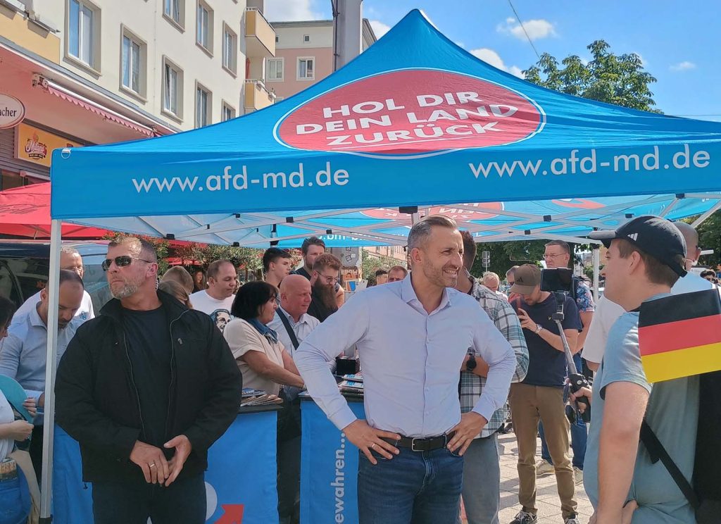 AfD lead candidate Ulrich Siegmund holding election rally and meeting voters in Magdeburg city center on his campaign trail for the 2026 parliamentary election of the state legislature of Saxony Anhalt.