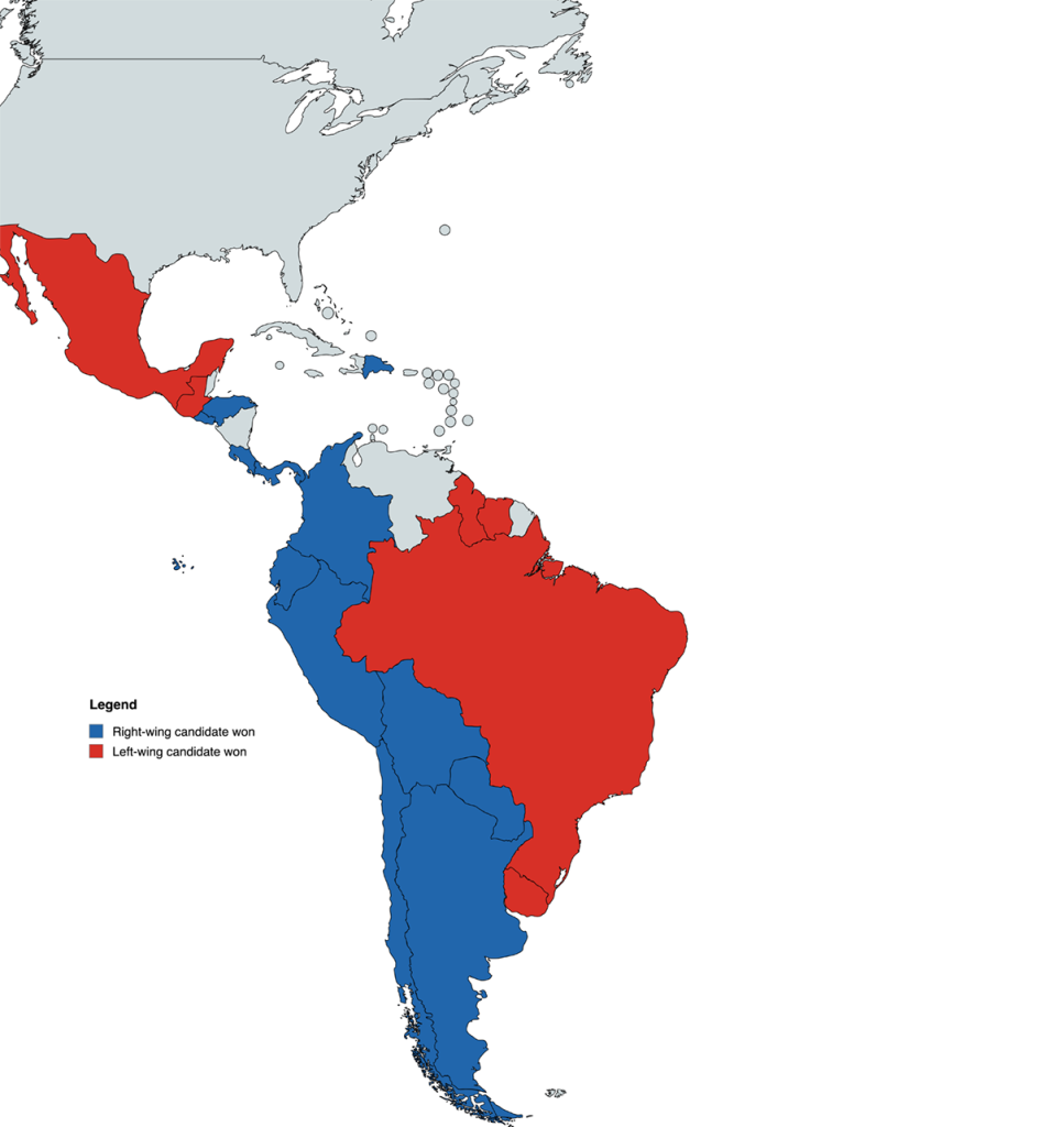 Electoral map showing the results of recent elections in Central and South America